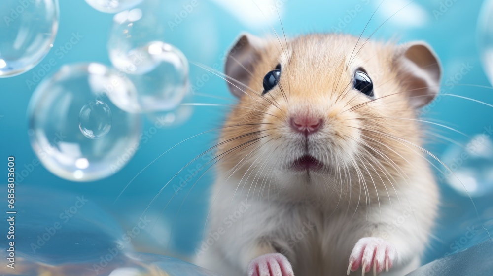 Poster a close up of a small rodent on a blue surface with soap bubbles in the foreground and a blue backgr