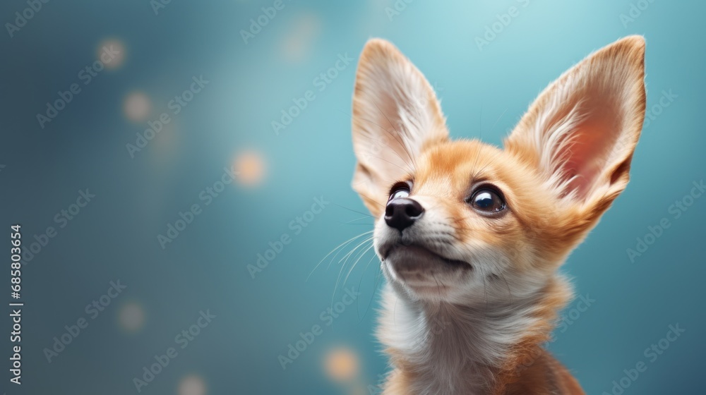 Poster a close up of a small dog with a surprised look on it's face in front of a blue background with tiny
