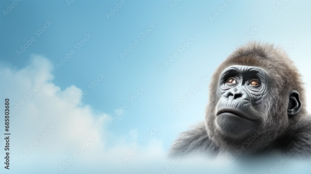 Poster a close up of a monkey with a blue sky in the background and clouds in the foreground, with a blue s