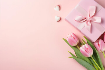 Trendy gift boxes with ribbon bows and tulips on isolated pastel pink background with copy space