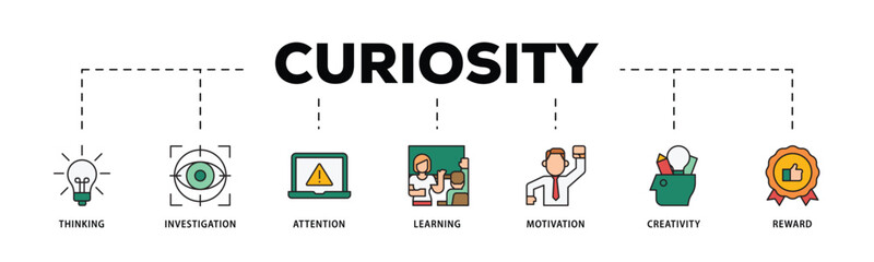 Curiosity infographic icon flow process which consists of thinking, investigation, attention, learning, motivation, creativity, reward icon live stroke and easy to edit .
