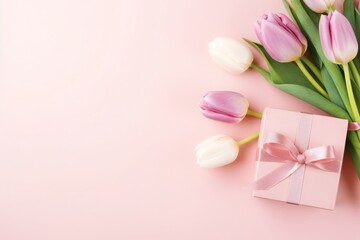 Fototapeta na wymiar Trendy gift boxes with ribbon bows and tulips on isolated pastel pink background with copy space