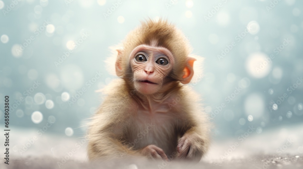Poster a close up of a monkey with bubbles in the background and a blurry image of the monkey in the foregr