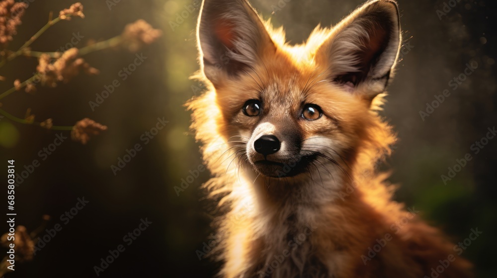 Poster  a close up of a fox looking at the camera with a blurry background of flowers in the foreground and a blurry background of leaves and branches in the foreground.