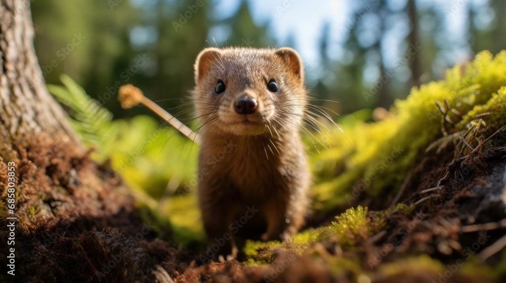 Poster a close up of a small animal in a field of grass and dirt with a tree in the background and a blurry
