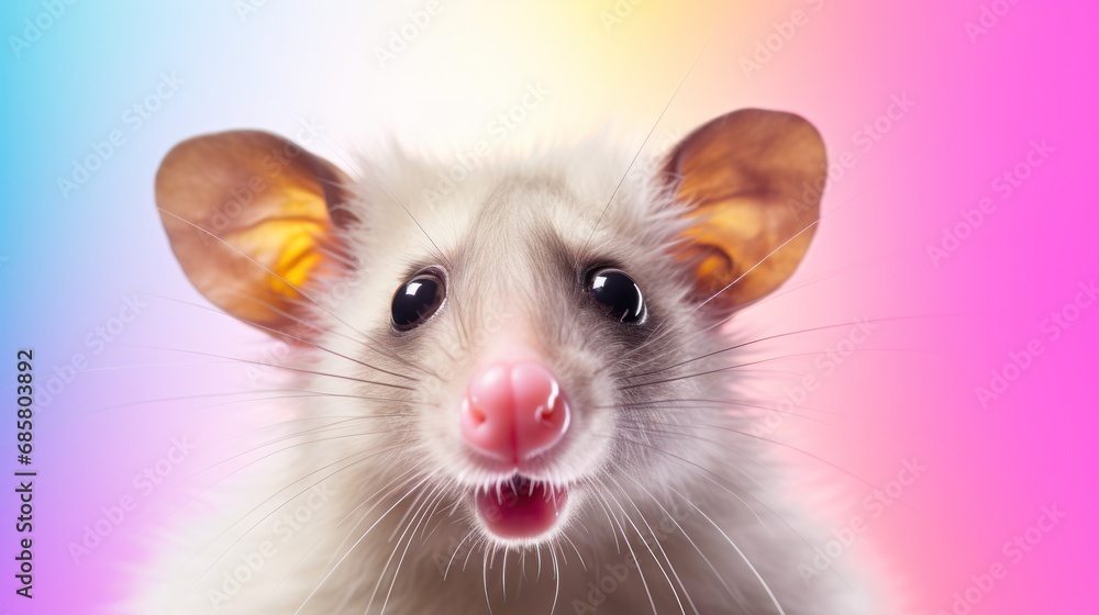Aufkleber a close up of a small rat with a surprised look on it's face and a multicolored background with a pi
