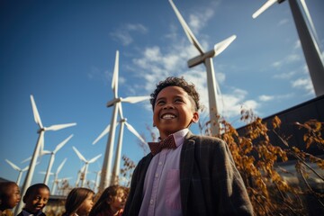 Young teacher with model of wind turbine learning pupils about wind energy.