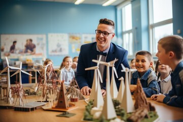 Young teacher with model of wind turbine learning pupils about wind energy. - obrazy, fototapety, plakaty