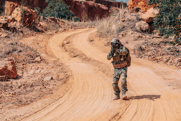 Soldiers of special forces on wars at the desert,Thailand people,Army soldier Walking patrol.