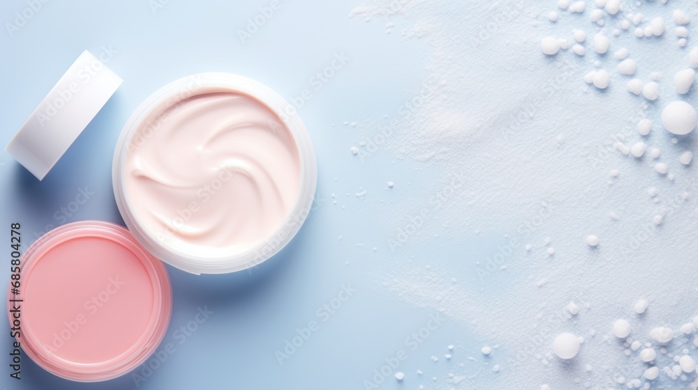 Aufkleber a jar of cream and a container of cream on a light blue background with small white dots around it a