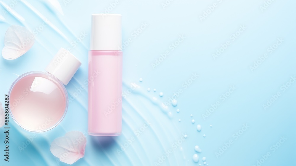 Poster a bottle of lotion next to a container of lotion on a blue background with butterflies around it and