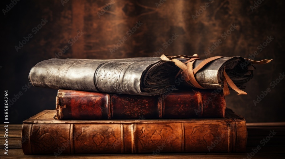 Aufkleber a stack of old books sitting on top of each other on top of a wooden table in front of a dark backgr
