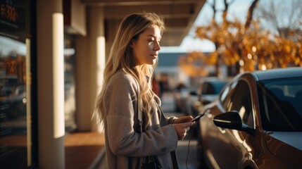 Young woman with smartphone waiting while her electric car charging in home charging station - obrazy, fototapety, plakaty