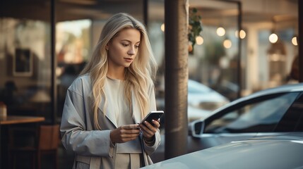 Young woman with smartphone waiting while her electric car charging in home charging station - obrazy, fototapety, plakaty