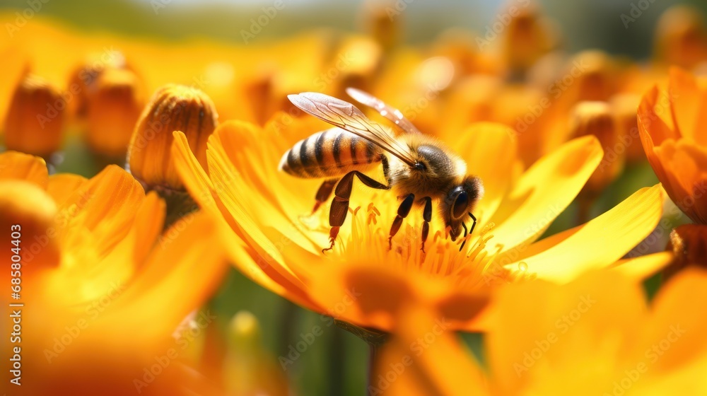 Wall mural  a bee sitting on a yellow flower in the middle of a field of yellow daisies with a blurry background of a field of yellow flowers in the foreground.