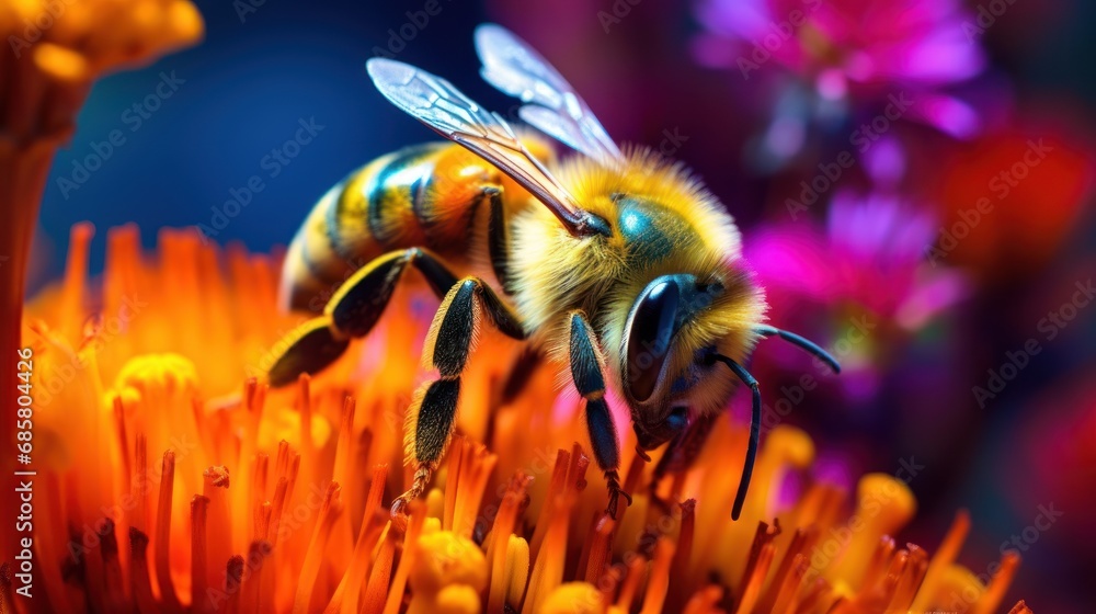 Poster a close up of a bee on a flower with other flowers in the background and a blurry image of a bee in 