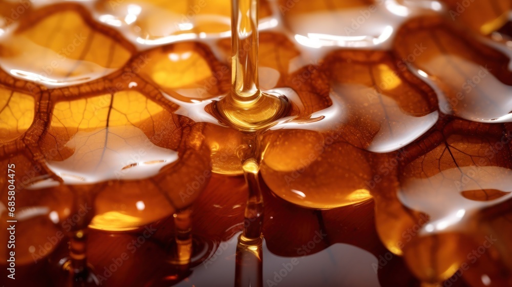 Poster a drop of oil sitting on top of a table next to a glass vase with a liquid inside of it and a drop o