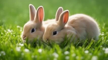 Fototapeta premium white rabbit on green grass two rabbits in the grass bunnies, bunny, rabbit