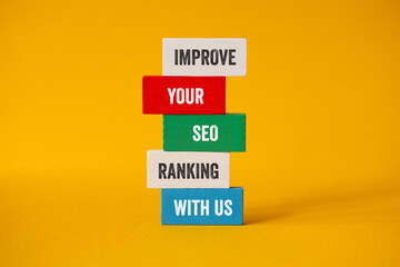 Improve your SEO ranking with us - word concept on building blocks, text