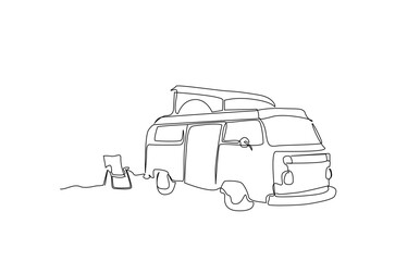 old caravan car nature camping chair relax outdoor activity travel object lifestyle one line art design