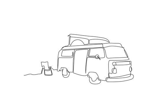 minimalist line art camper van with chair clip art preview