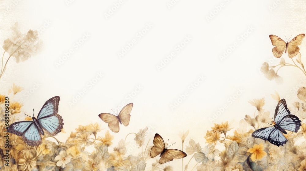 Poster a painting of butterflies flying over a field of flowers with a blank space in the middle of the pic