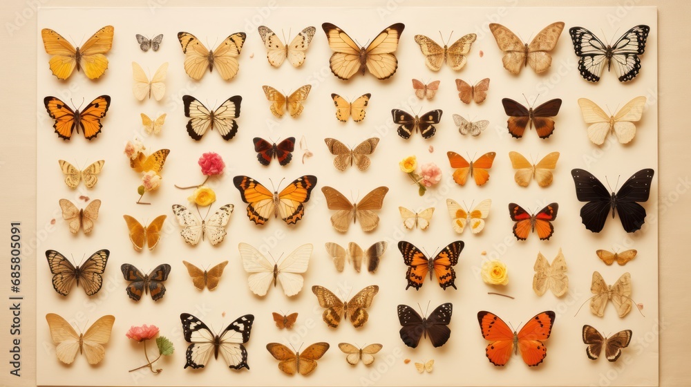 Poster a wall with a variety of butterflies of different sizes and colors arranged in a photo frame the but