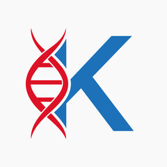 Dna Logo On Letter K, Genetics Logotype, Medicine Symbol