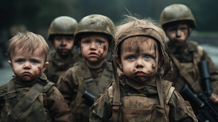 Fototapeta premium Enfants en uniforme de camouflage : l'innocence face à la guerre