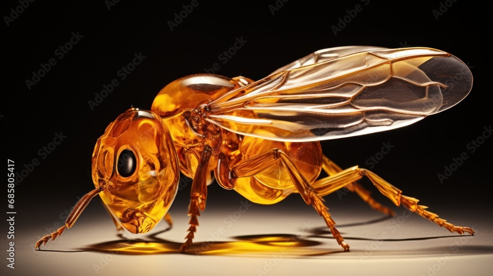 Poster a close up of a honeybee on a black background with a light reflecting off of it's body and a black 