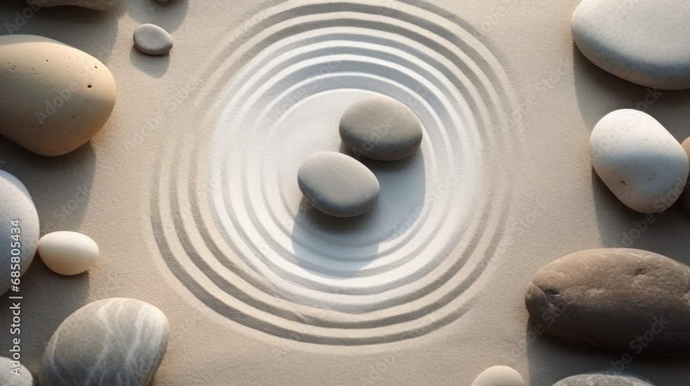Poster a group of rocks sitting next to each other on top of a sandy ground with a spiral in the middle of 