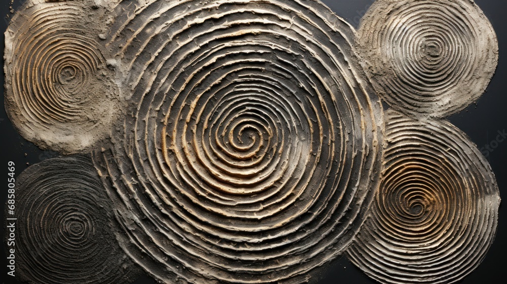Poster a close up of a piece of art with circles in the middle of the image and a black background with whi