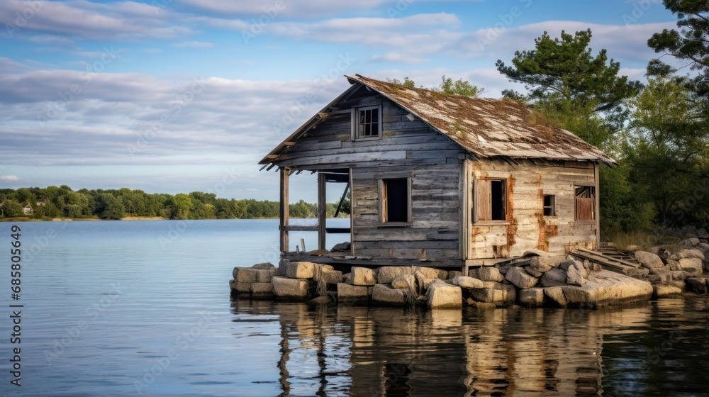 Poster a small house sitting on the edge of a body of water next to a dock with rocks in front of it and a 