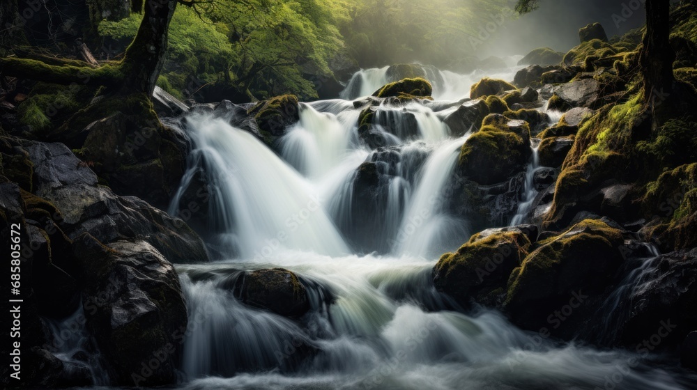 Poster a waterfall in the middle of a forest with moss growing on the rocks and water running down the side