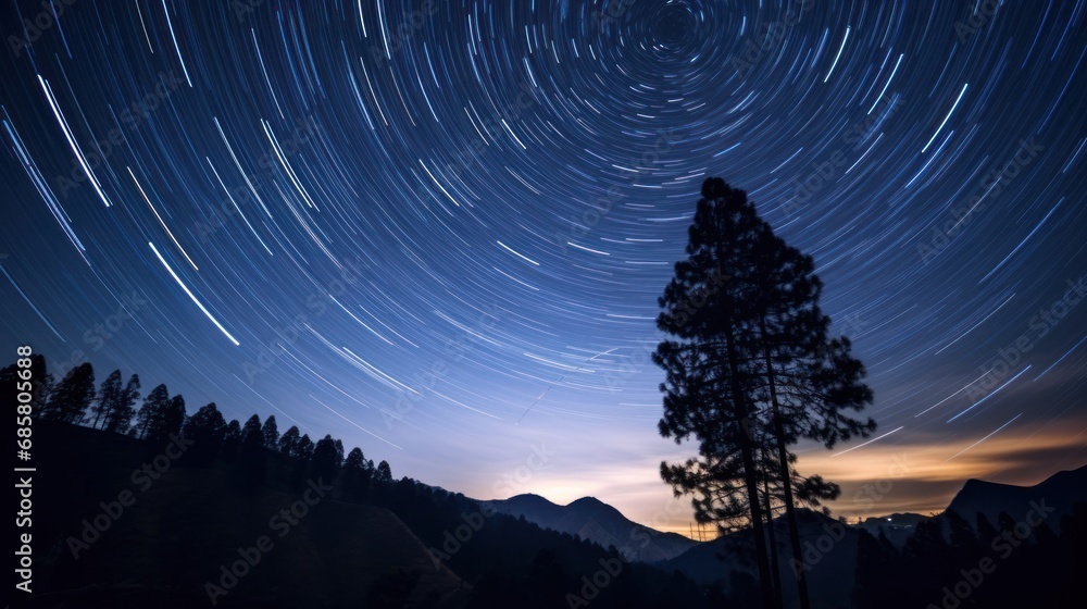 Poster a star trail in the night sky with a tree in the foreground and a mountain range in the distance wit