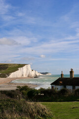 The Coastguard Cottages and Seven Sisters Cliffs, Cuckmere Haven, Seaford, United Kingdom.