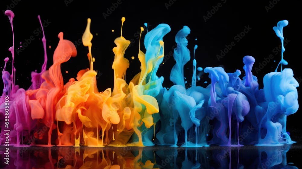 Poster a group of multicolored paint spewing out of the top of each other in front of a black background wi