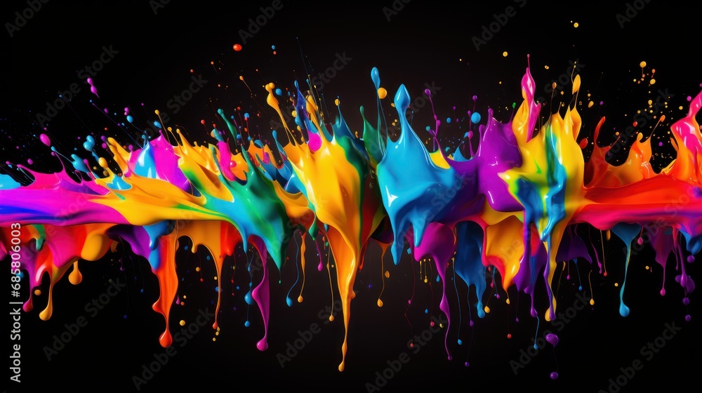 Aufkleber a group of multicolored paint splattered on a black background with drops of paint coming out of the