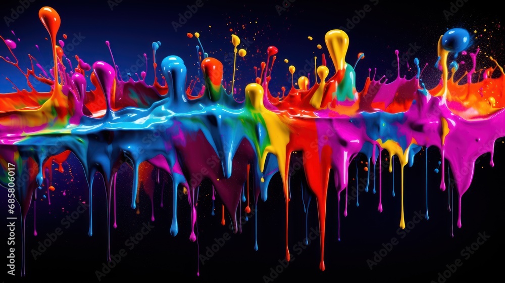 Aufkleber a group of multicolored paint splattered on top of each other on a black background with a reflectio