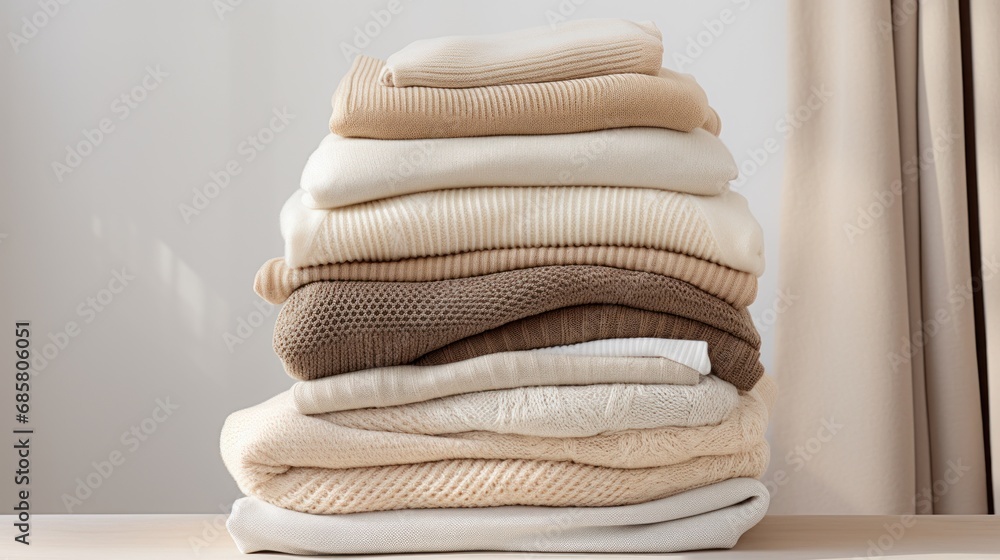 Poster a stack of folded sweaters sitting on top of a wooden table in front of a window with a drapes on th