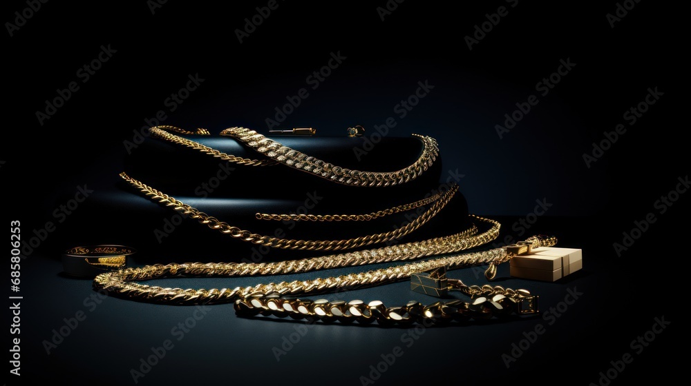 Poster a pile of gold chains on a black background the chains are arranged in a neat stack, glimmering in t