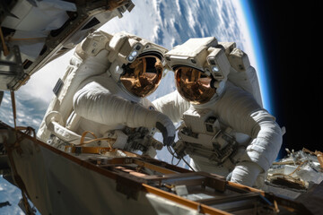 Two astronauts performing a spacewalk in deep space, the Earth in the background, doing repair work on the station