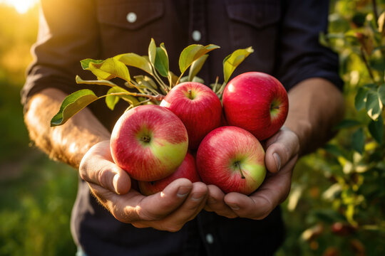 Hands of a farmer harvesting apples at sunny garden