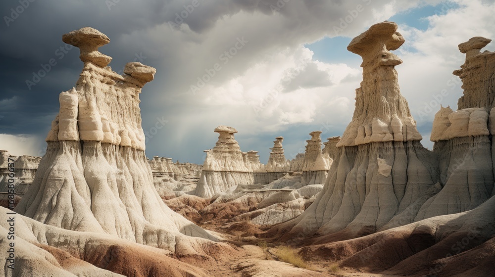 Poster a group of rock formations in the desert under a cloudy sky with a sun shining through the clouds an