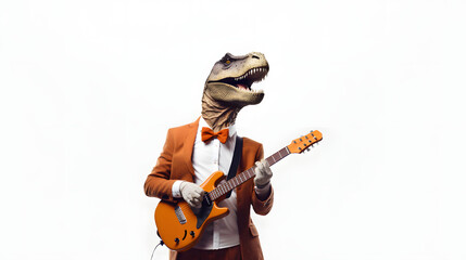 Abstract concept of dinosaur who plays a guitar in a rock band standing and posing as a human. Modern animal in fashion suit.