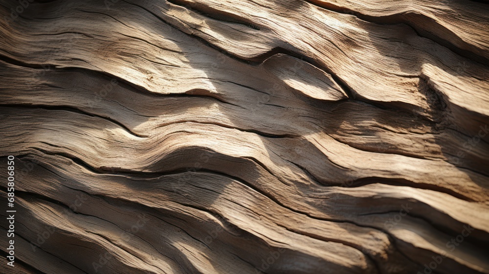 Poster a close up of a piece of wood that looks like it has been carved into a wavy pattern with a light re