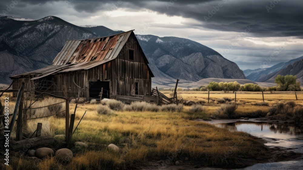 Poster an old barn sits in the middle of a field with mountains in the background and a stream running thro