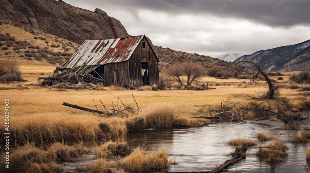 Poster an old barn sitting in the middle of a dry grass field with a stream running between it and a mounta