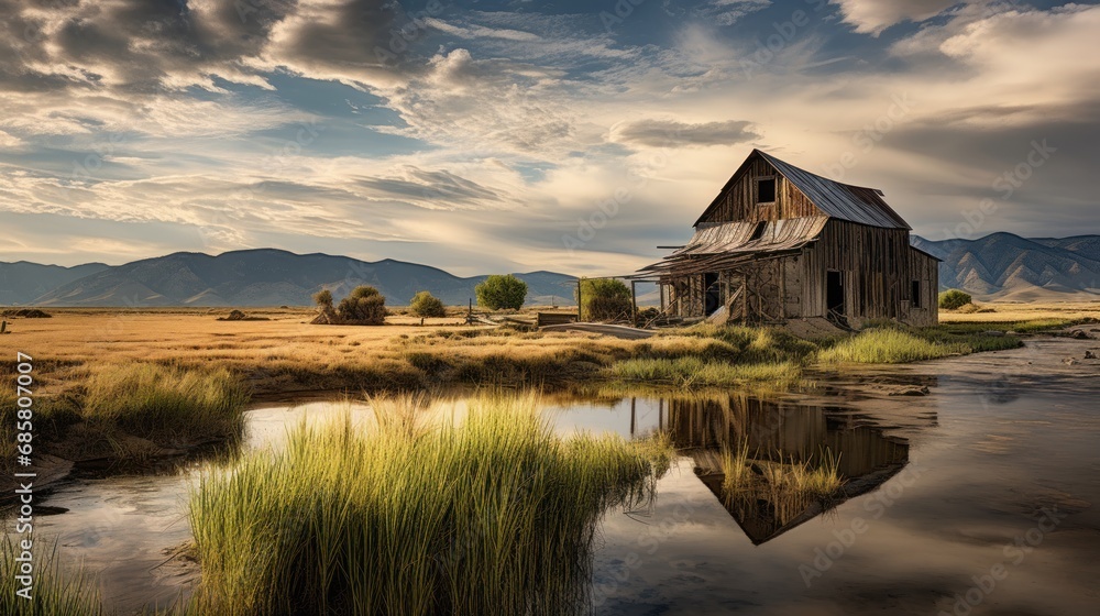 Poster a barn in the middle of a field with a pond in the foreground and a mountain range in the background
