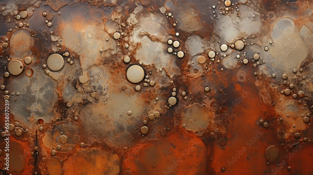 Poster a close up of a rusted metal surface with lots of bubbles of water on the top of the surface and on 